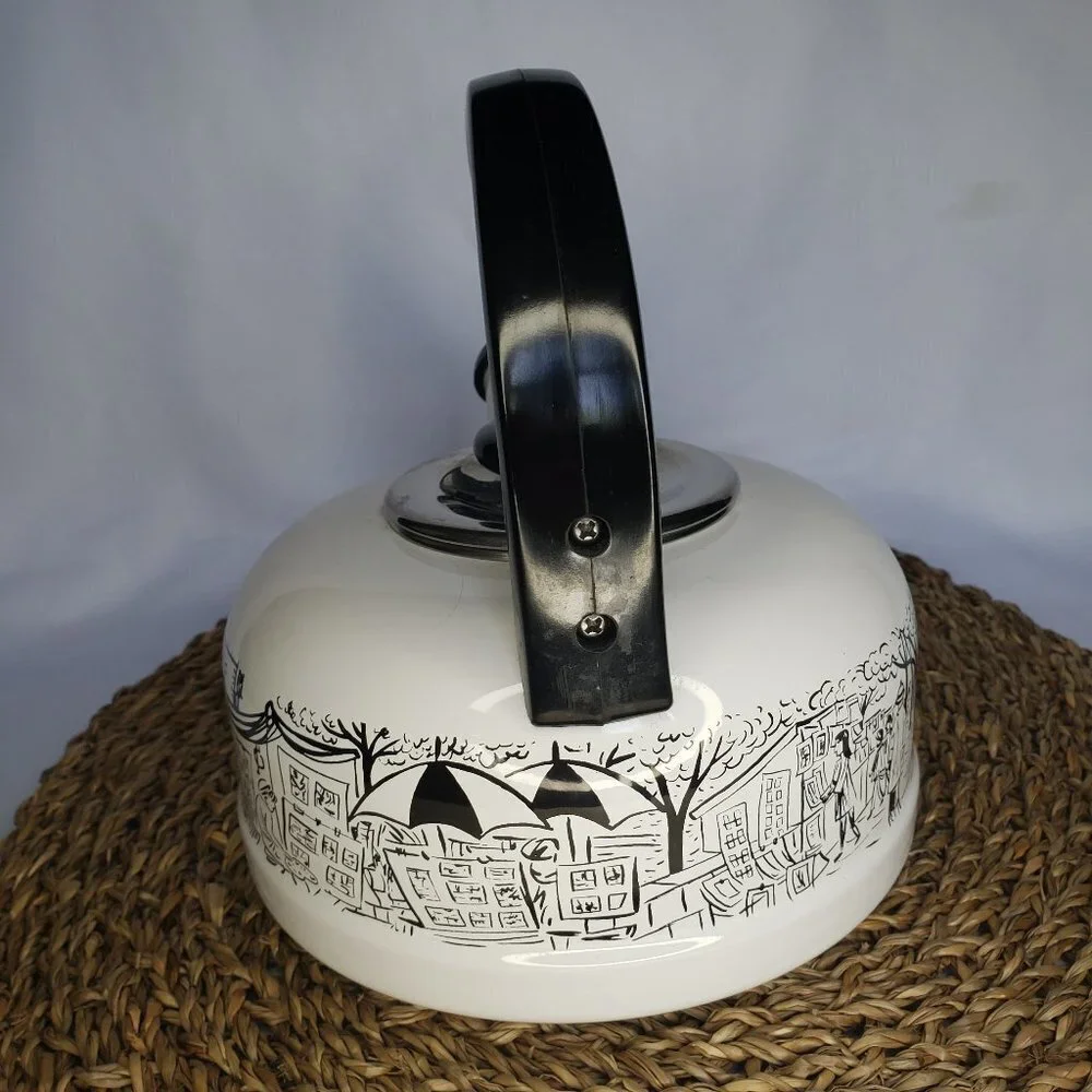 Mikasa Parisian Scenes Whistling‎ Tea Kettle Pot Enameled White Black